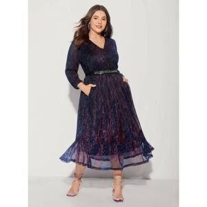 Bloomchic Purple Glitter Maxi Dress Pockets Size 18-20 2XL Sparkly Ruffle Sleeve